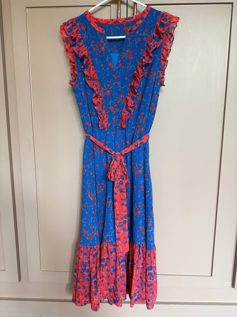 Boden Blue and Coral Floral Ruffle Midi Dress (6)